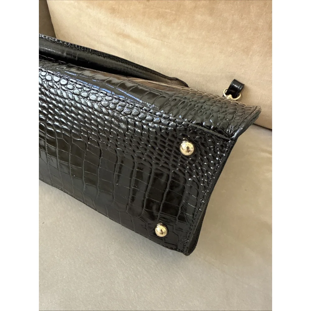 Brahmin Greta Large Creme Black Croc Embossed Leather Satchel